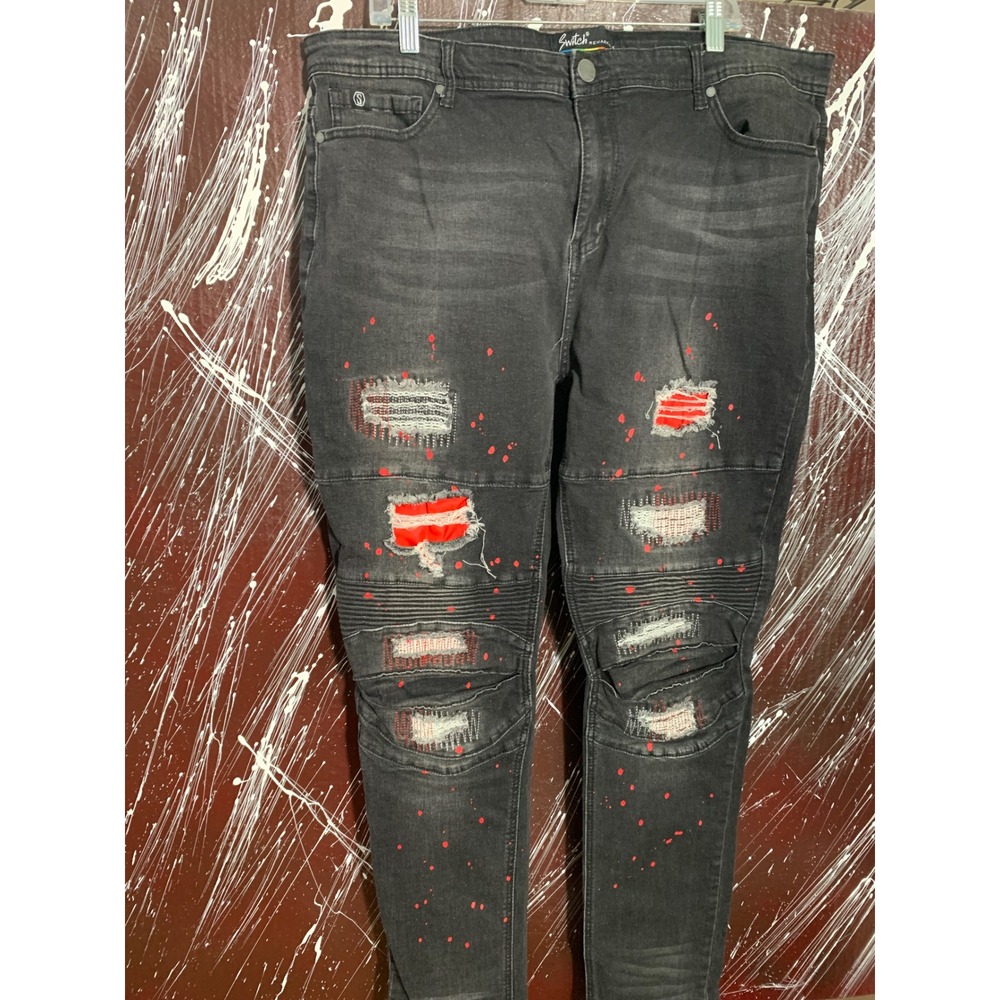 Switch Remarkable Mens 42x34 Black Distressed Biker Moto Jeans Red Splatter Slim